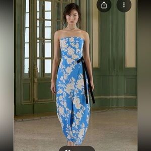 NWT Agua Bendita Blue Strapless Midi Dress with Ivory Floral Print